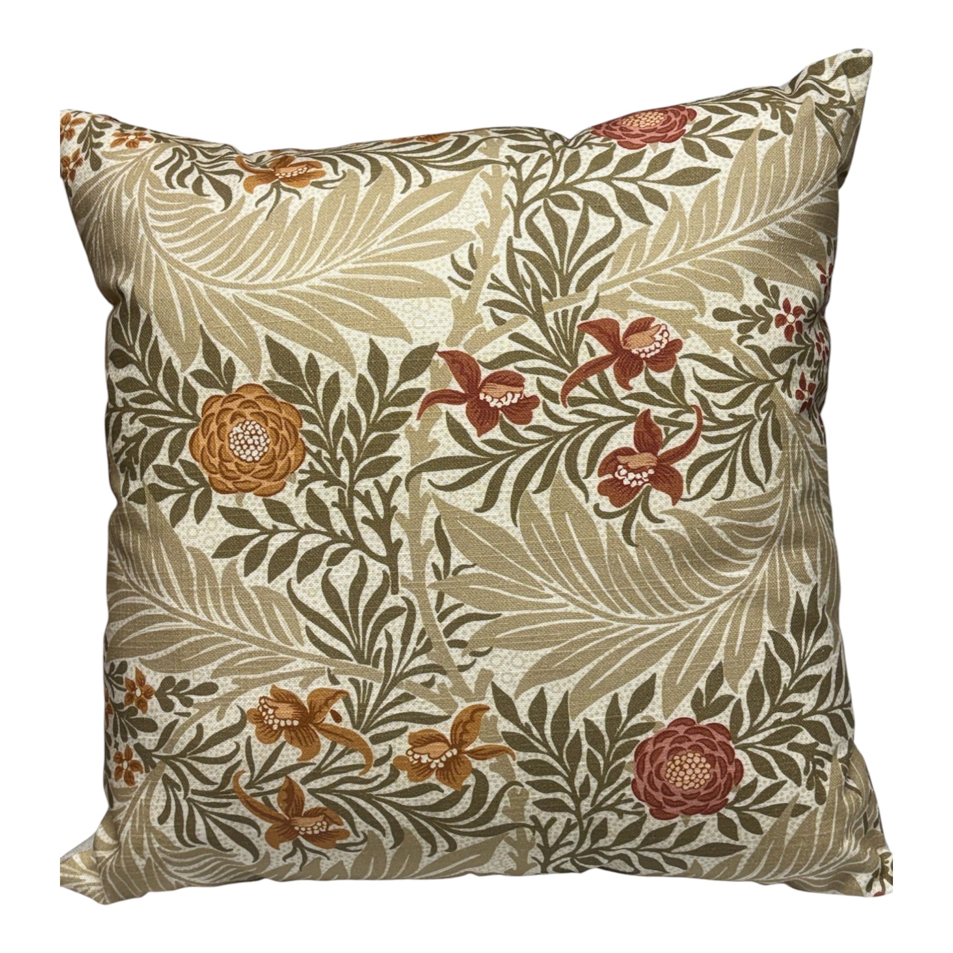 The handmade cushion cover has a patterned front and is approximately 44cms x 44cms (17.5 inches x 17.5 inches) and would be suitable for an 18 inch insert.  Please note the listing is for the cushion cover only and does not include the cushion insert.