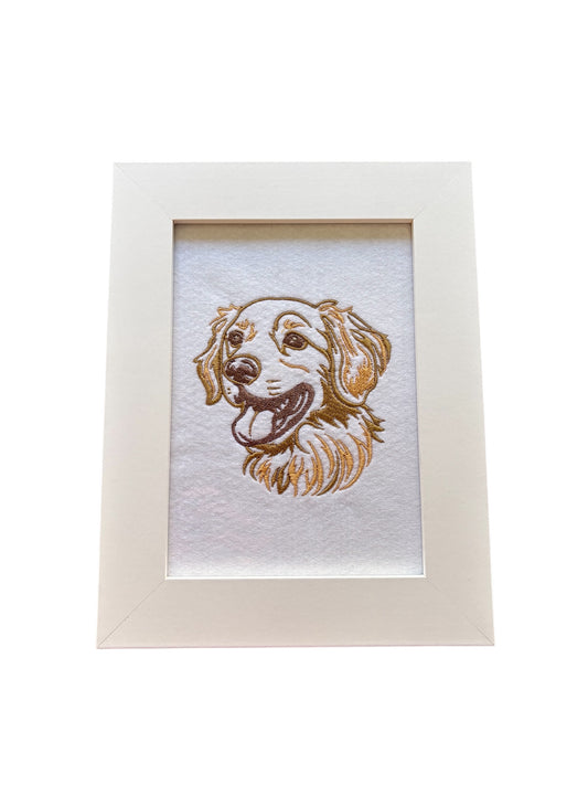 Framed Embroidered Golden Retriever in a white frame.  The machine embroidered Golden Retriever would make an ideal dog lovers gift.