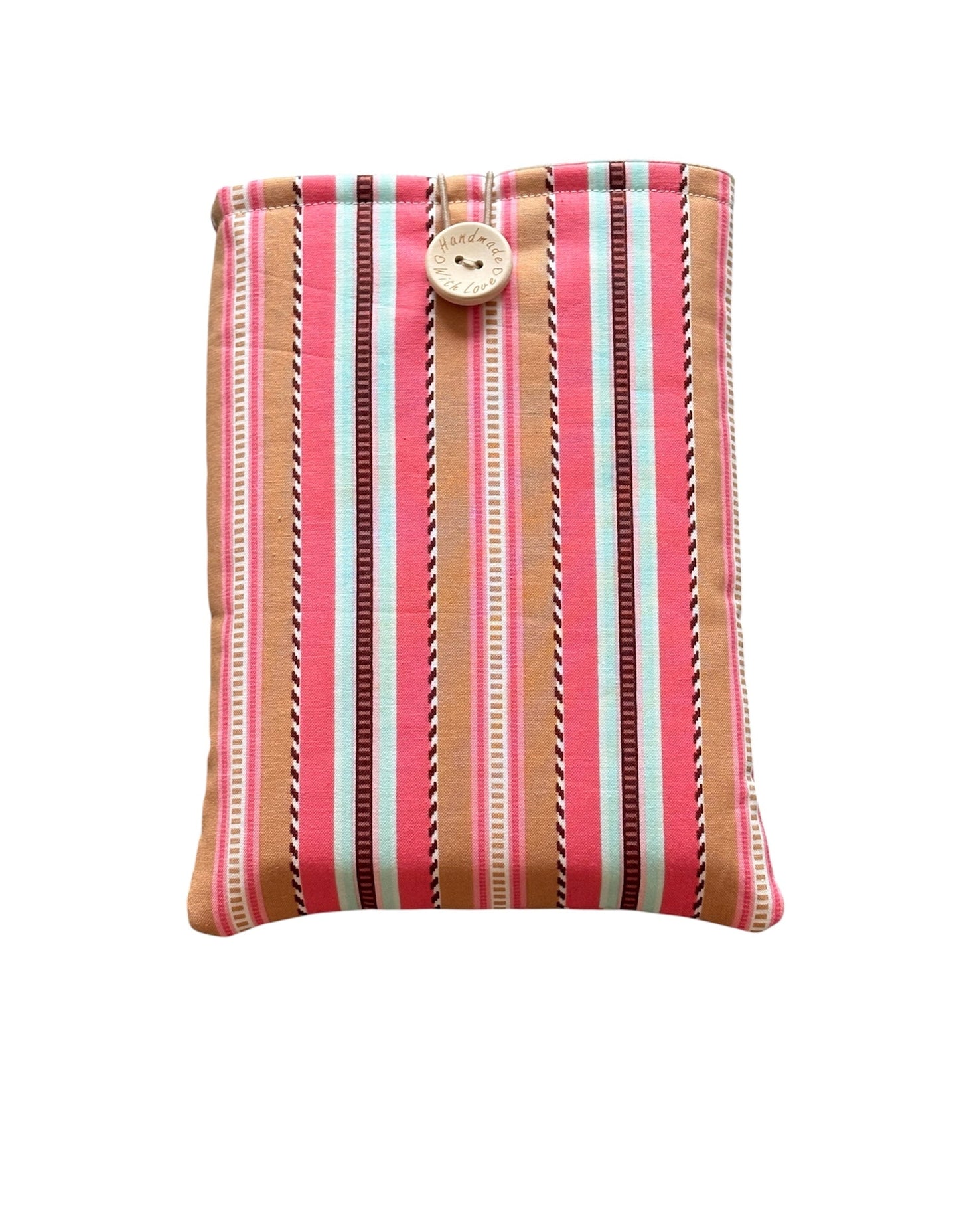 Handmade padded Book Pouch made with multicolour striped fabric.  An ideal Book Lovers Gift to protect books from wear and tear whilst being carried on the go.