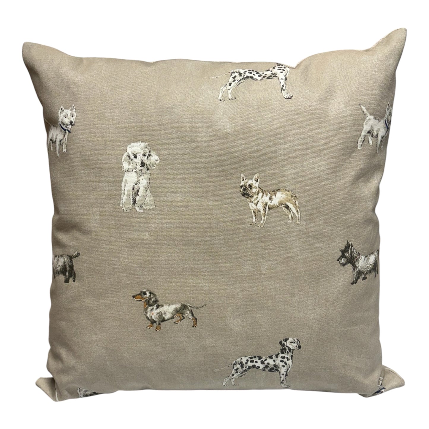 Handmade zipped cushion cover made with multidog patterned fabric.