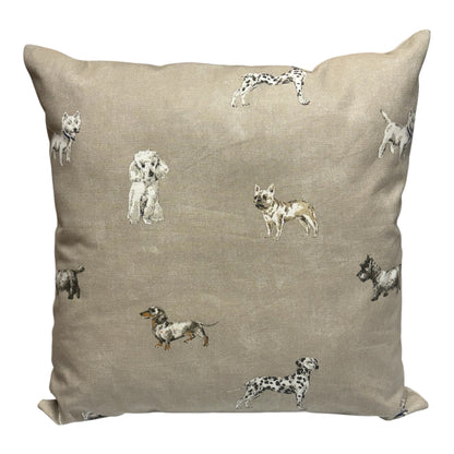 Handmade zipped cushion cover made with multidog patterned fabric.