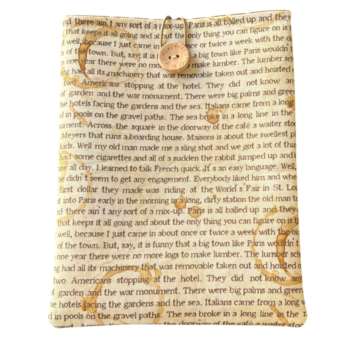 Handmade padded Book Pouch made with literature themed fabric, with elastic and button fastening, and would be an ideal Book Lovers Gift