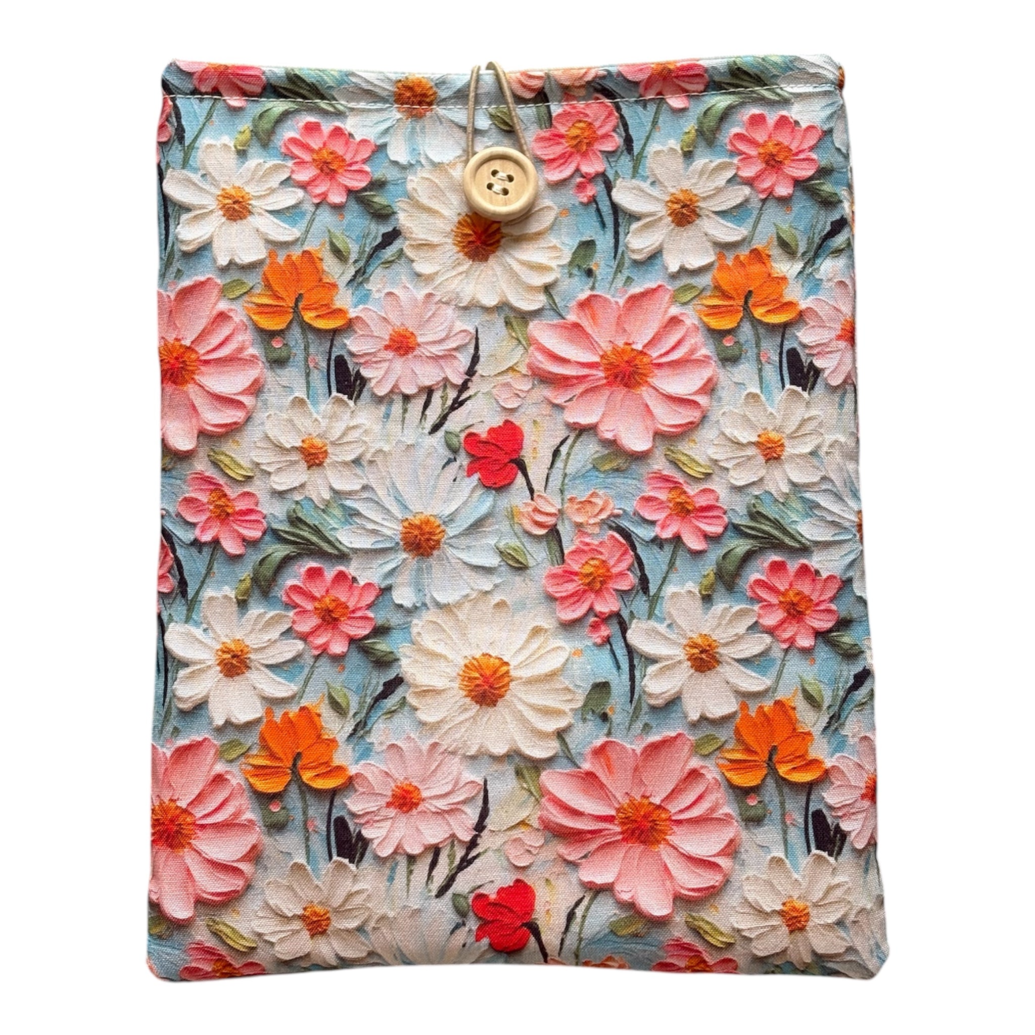 Handmade padded Book Pouch made with 3D floral fabric and would be an ideal Book Lovers Gift to protect precious books from wear and tear whilst being carried on the go.