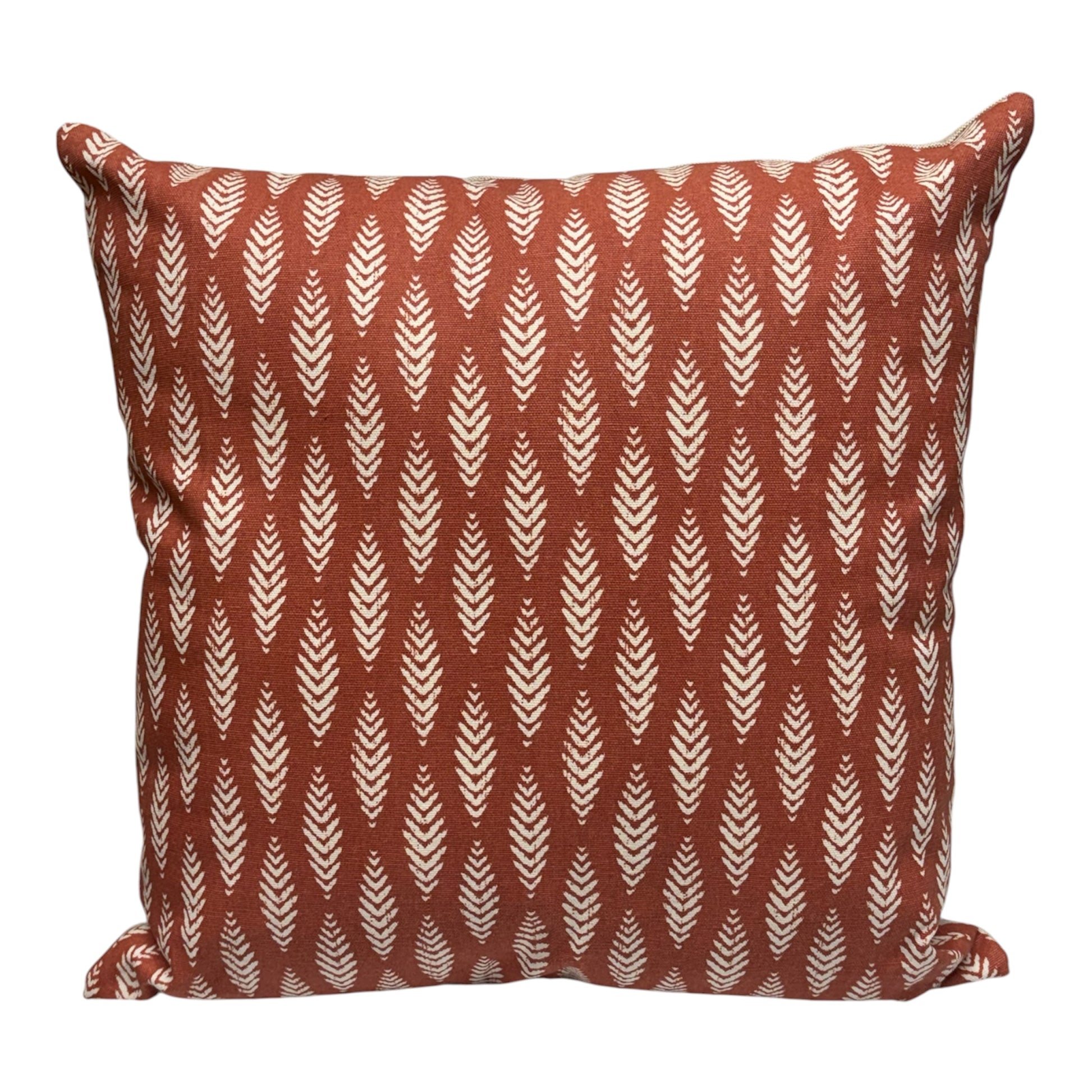 Handmade zipped cushion cover made with fabric which has a leaf pattern on a terracotta background.  The handmade cushion cover is approximately 44cms x 44cms (17.5inches x 17.5inches) and would be suitable for an 18 inch insert for plumpness.  Please note the listing is for the cushion cover only and does not include the cushion insert.