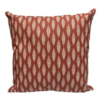Handmade zipped cushion cover made with fabric which has a leaf pattern on a terracotta background.  The handmade cushion cover is approximately 44cms x 44cms (17.5inches x 17.5inches) and would be suitable for an 18 inch insert for plumpness.  Please note the listing is for the cushion cover only and does not include the cushion insert.