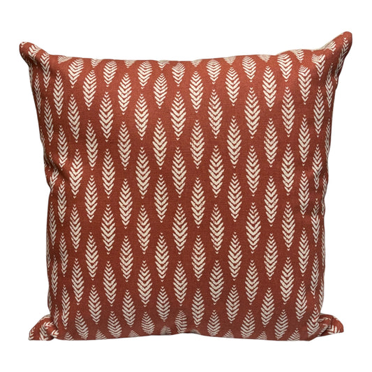 Handmade zipped cushion cover made with fabric which has a leaf pattern on a terracotta background.  The handmade cushion cover is approximately 44cms x 44cms (17.5inches x 17.5inches) and would be suitable for an 18 inch insert for plumpness.  Please note the listing is for the cushion cover only and does not include the cushion insert.