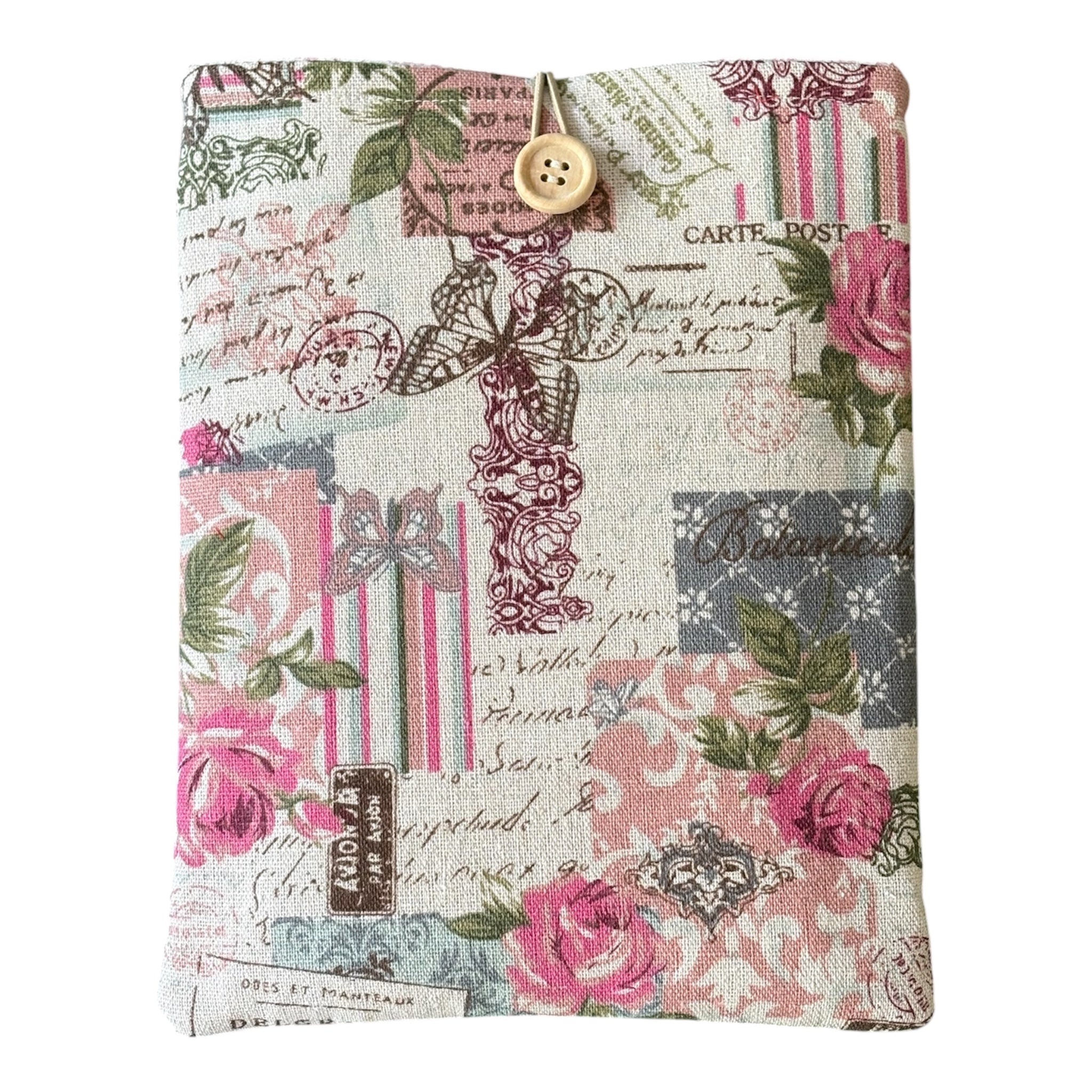 The vintage rose and butterflies patterned fabric also includes French style postmarks.