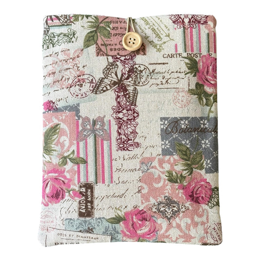 The vintage rose and butterflies patterned fabric also includes French style postmarks.