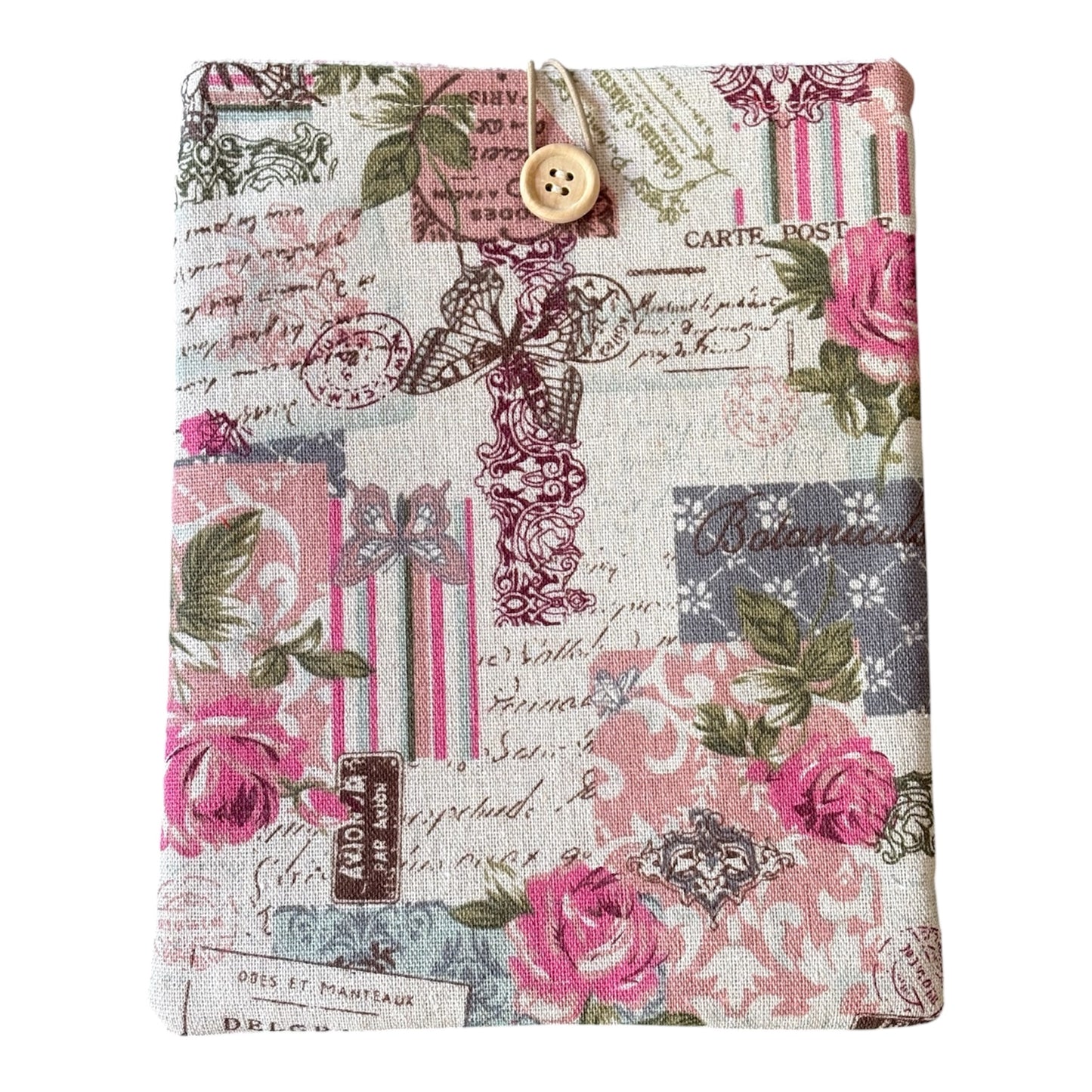 Handmade padded Book Pouch made with cotton linen blend fabric in a vintage rose and butterflies patterned fabric.  This would be an ideal Book Lovers Gift to protect precious books whilst being carried on the go.