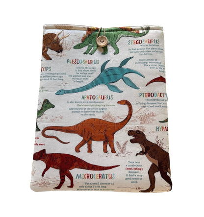 Handmade Padded Tablet iPad Pouch, Book Pouch, Book Lovers Gift, Dinosaur Themed Fabric