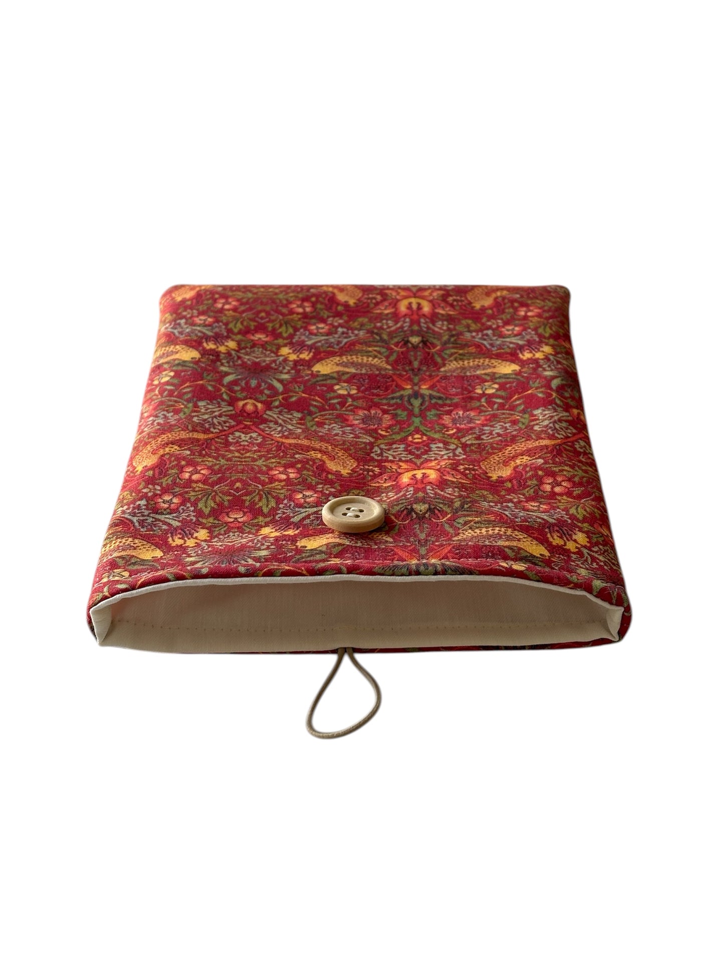 Handmade Padded Red Strawberry Thief Fabric Book Pouch, Book Lovers Gift, Kindle e-Reader Cover