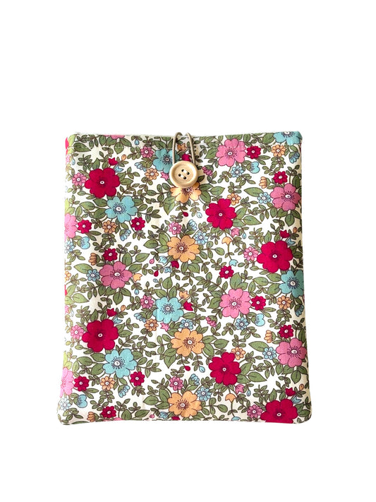 Handmade Kindle/Book Pouch with pretty floral cotton fabric.  The Book Cover is padded with fusible wadding, lined with neutral fabric and has elastic and button fastening.