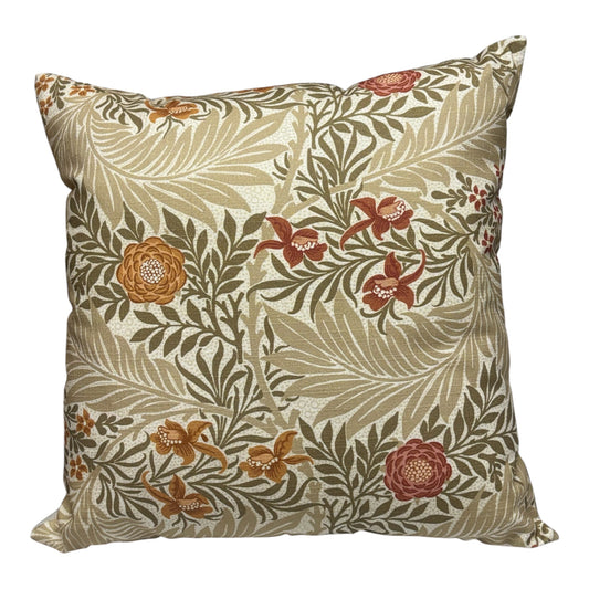 Handmade zipped cushion cover made using William Morris floral fabric in rust and gold colours.