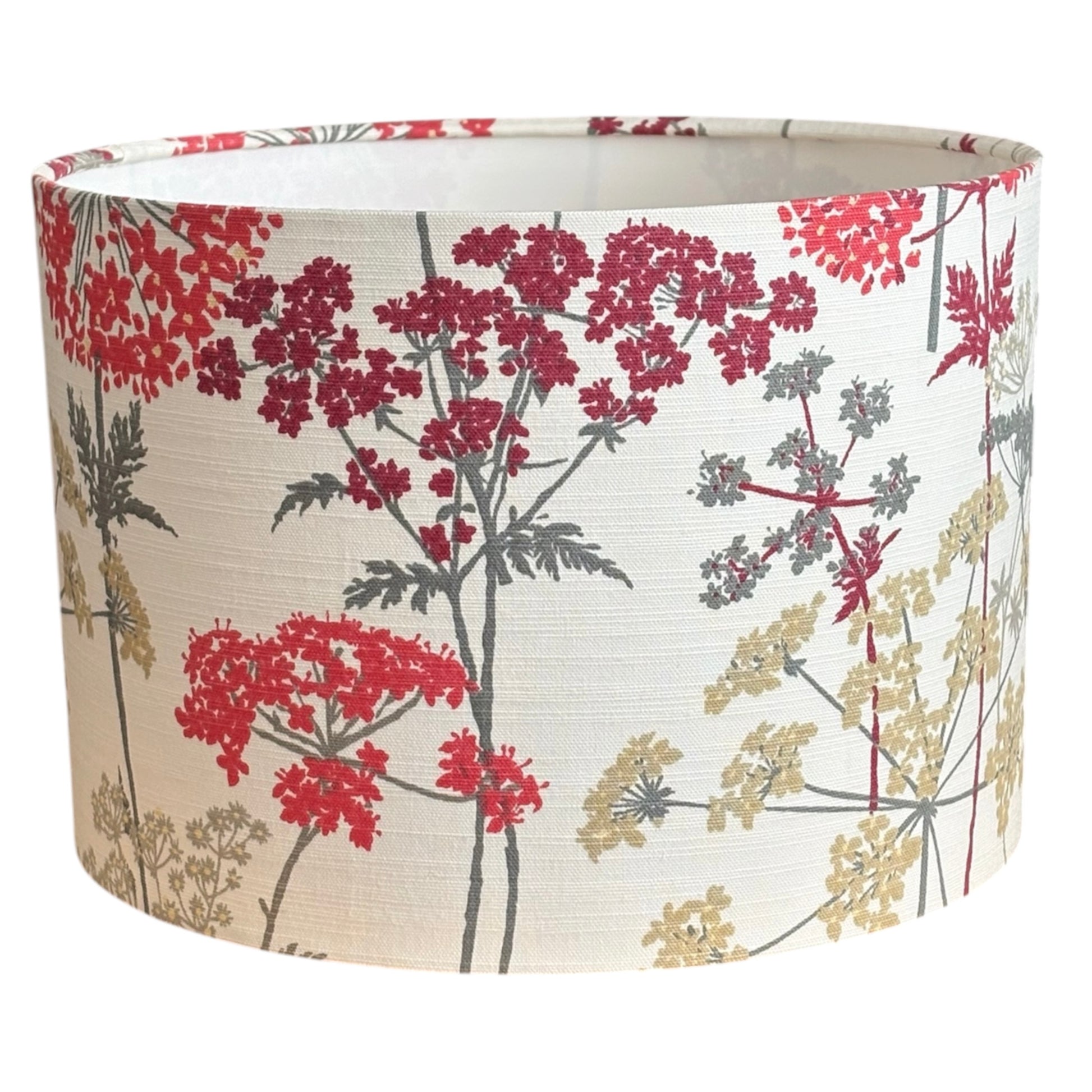 Handmade 30cm drum lampshade made with iLive Hedgerows fabric in Ruby.