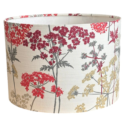 Handmade 30cm drum lampshade made with iLive Hedgerows fabric in Ruby.