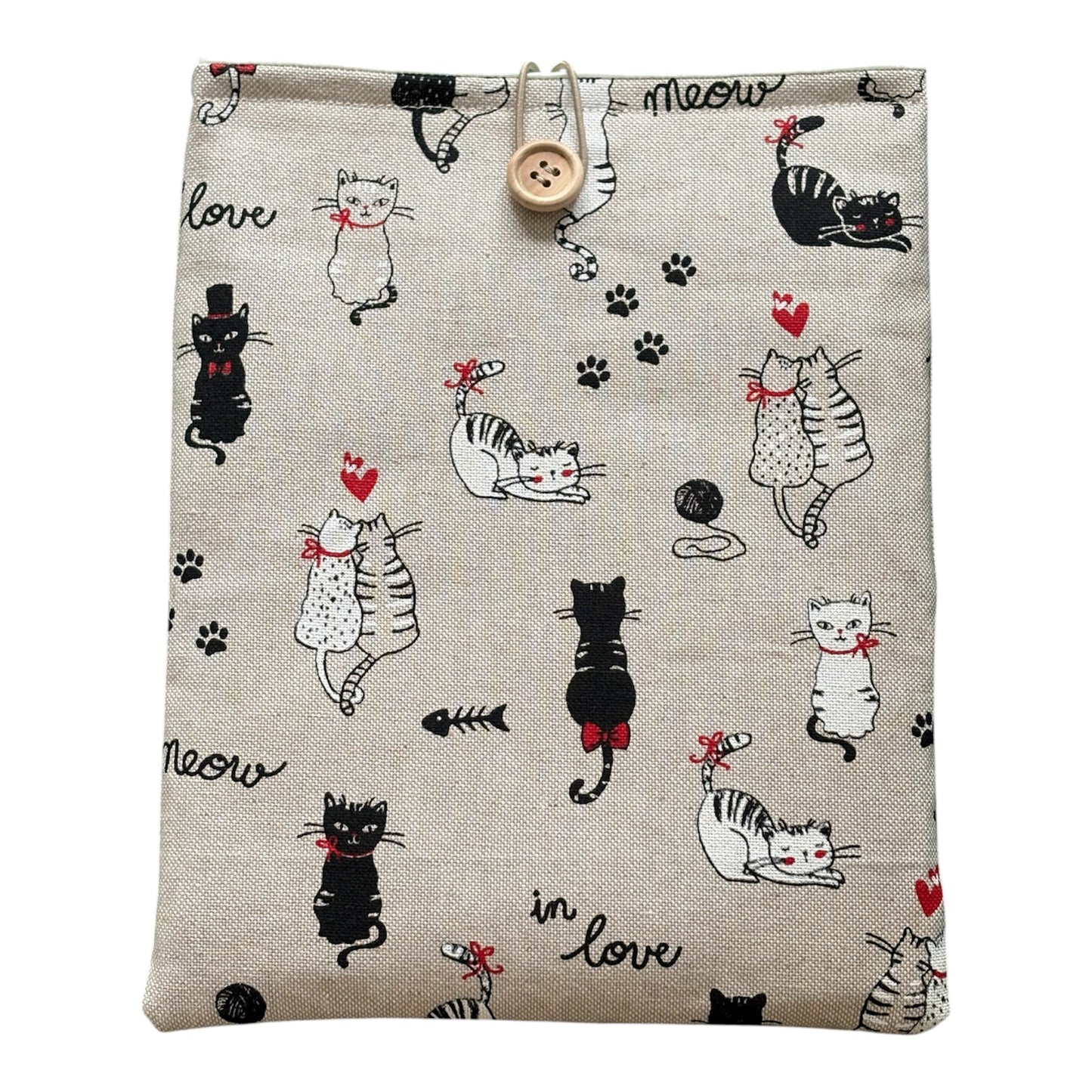 Handmade Padded Cats Fabric Book Pouch, Book Lovers Gift, Book Cover, Kindle e-Reader Pouch