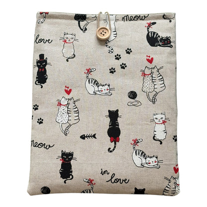 Handmade Padded Cats Fabric Book Pouch, Book Lovers Gift, Book Cover, Kindle e-Reader Pouch