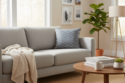 Chevron Zig Zag - Handmade Blue Zipped Cushion Cover (17x17)