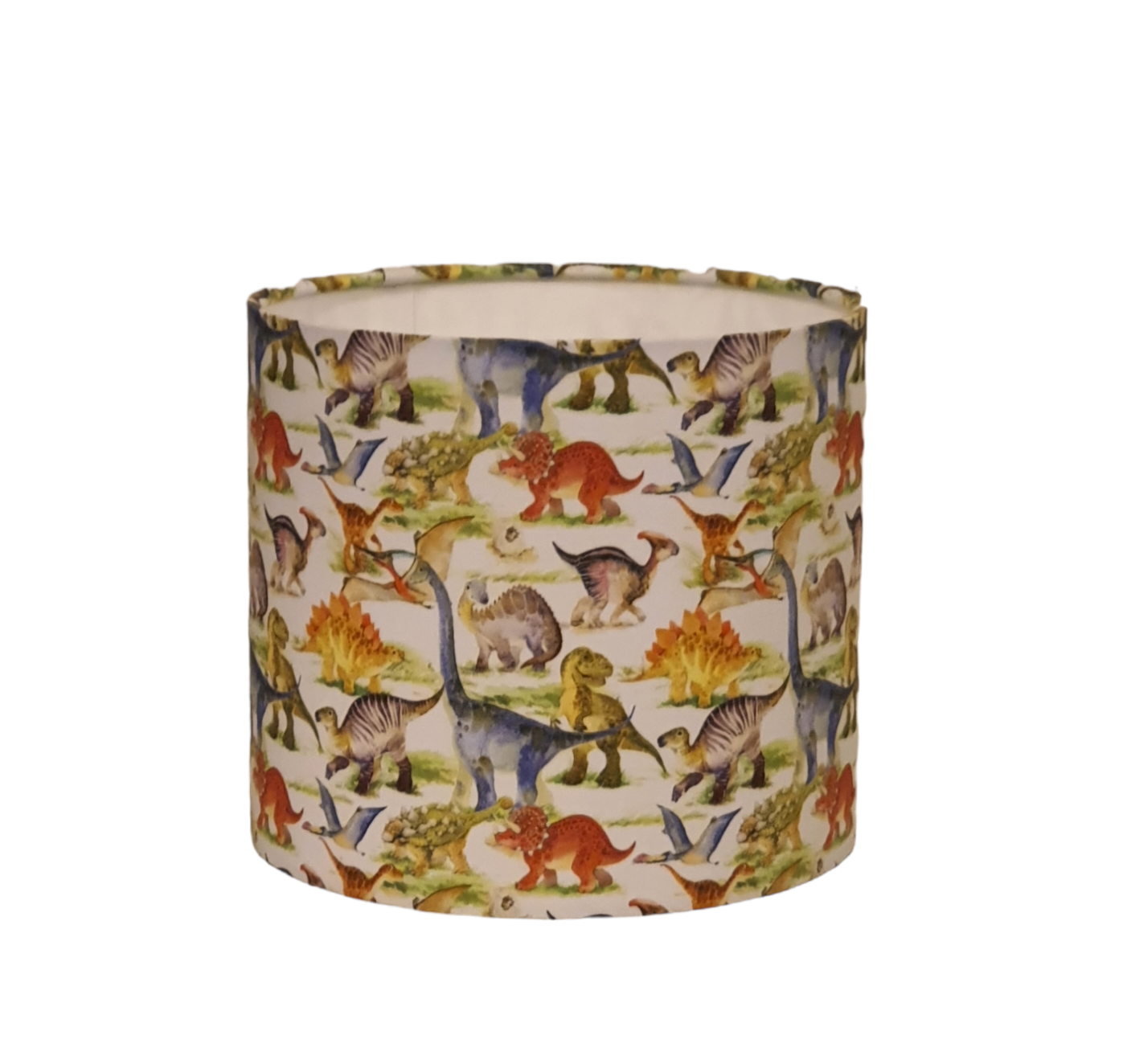 Handmade 20cm drum lampshade made with Lost World Dinosaur fabric.  A lovely gift for someone who loves Dinosaurs.
