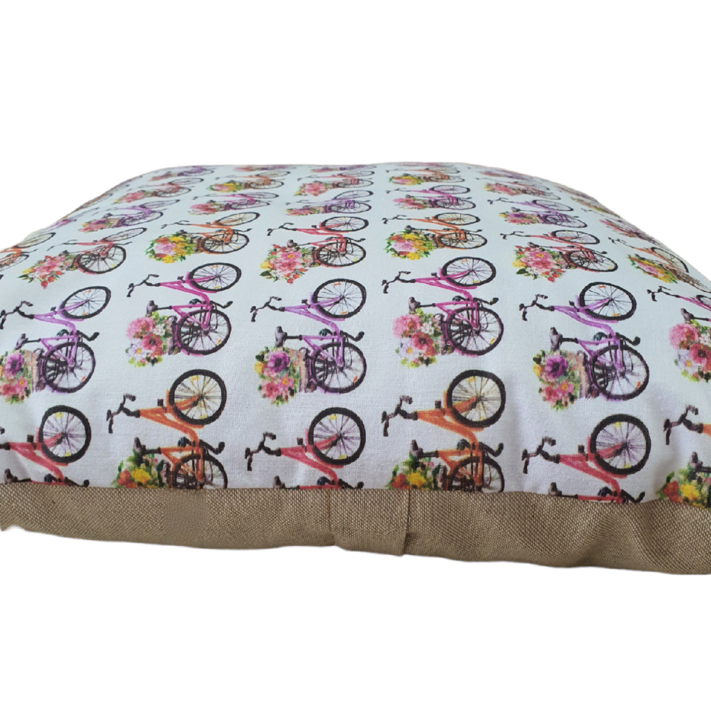 Floral Bike Fabric - Handmade Cushion Cover, Flower Bicycles (18" x 18")