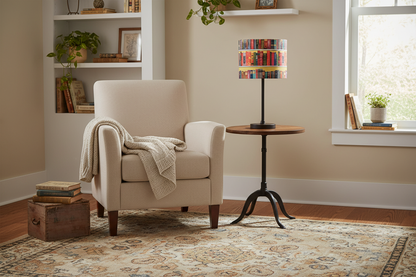 This photo has been generated to provide an idea of how it would look on a lamp base in a room setting.  The drum lampshade is 25cs diameter and 21cms in height.