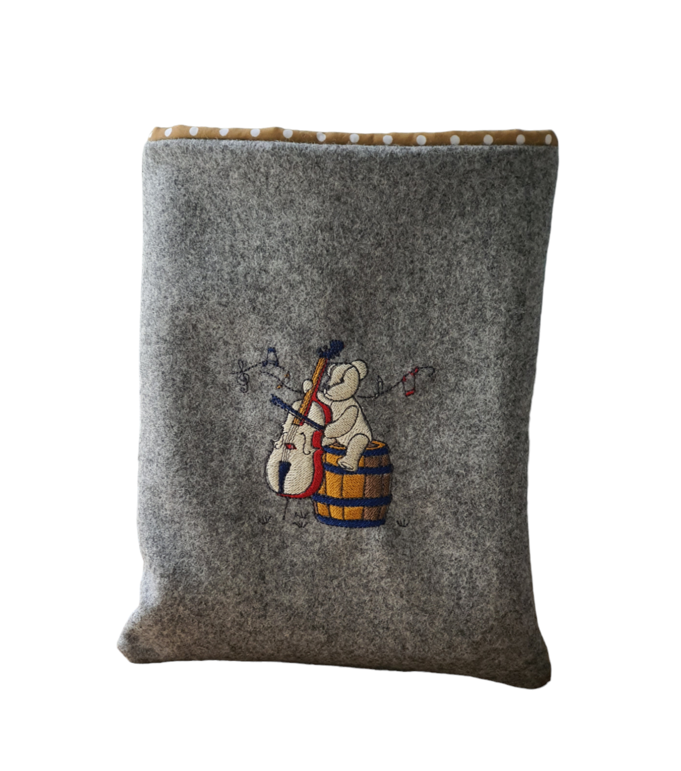Handmade, padded embroidered book cover with colour pattern of a bear playing a cello