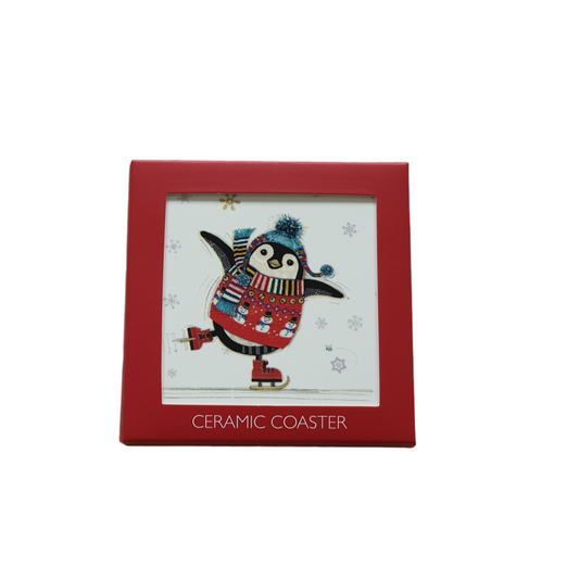 Bug Art Penguin Ceramic Coaster .  The cute Penguin is skating on ice and would be a lovely stocking filler gift for Christmas.