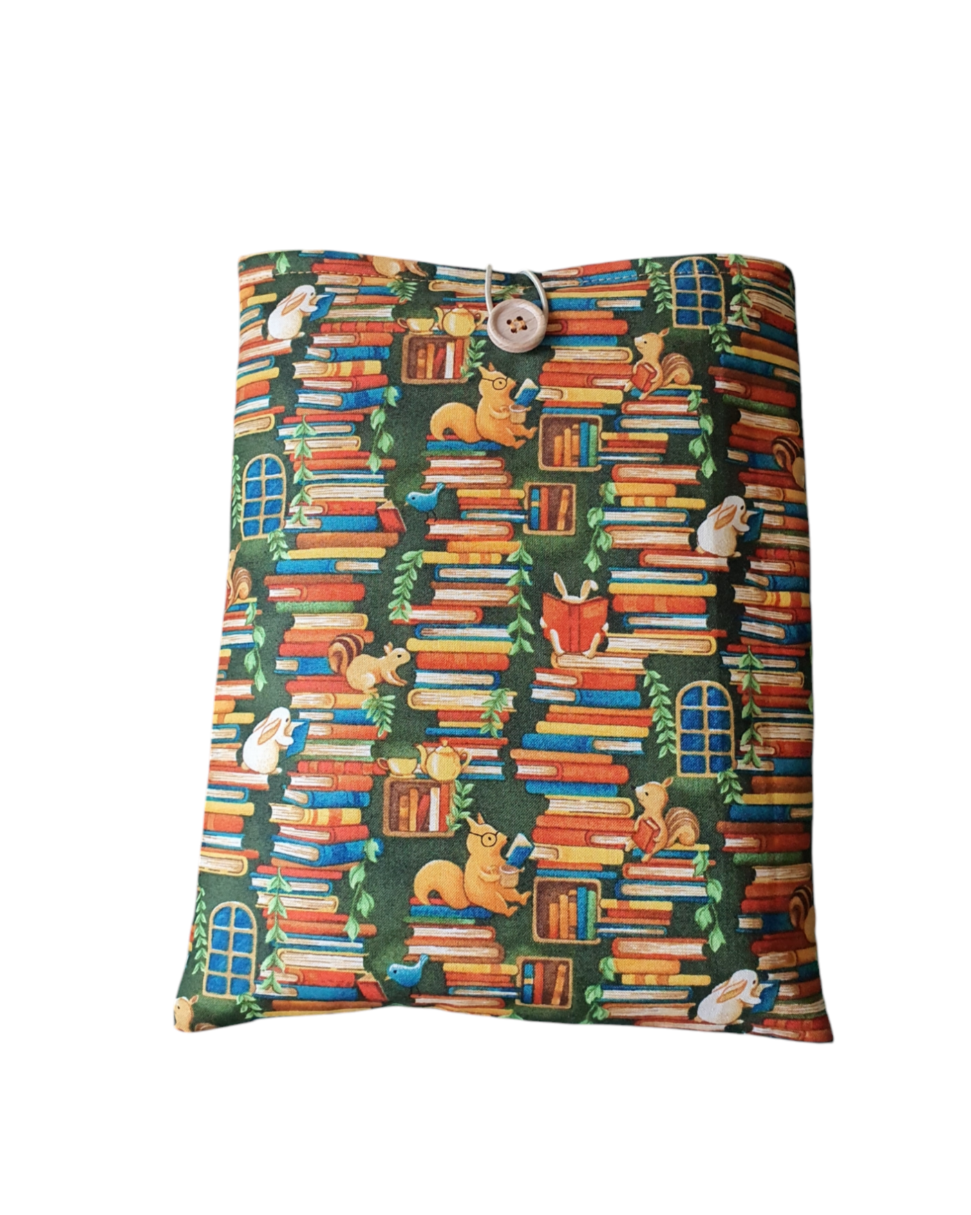 Handmade padded Book Pouch made with cute Forest Fables fabric and would be an ideal Book Lovers Gift.