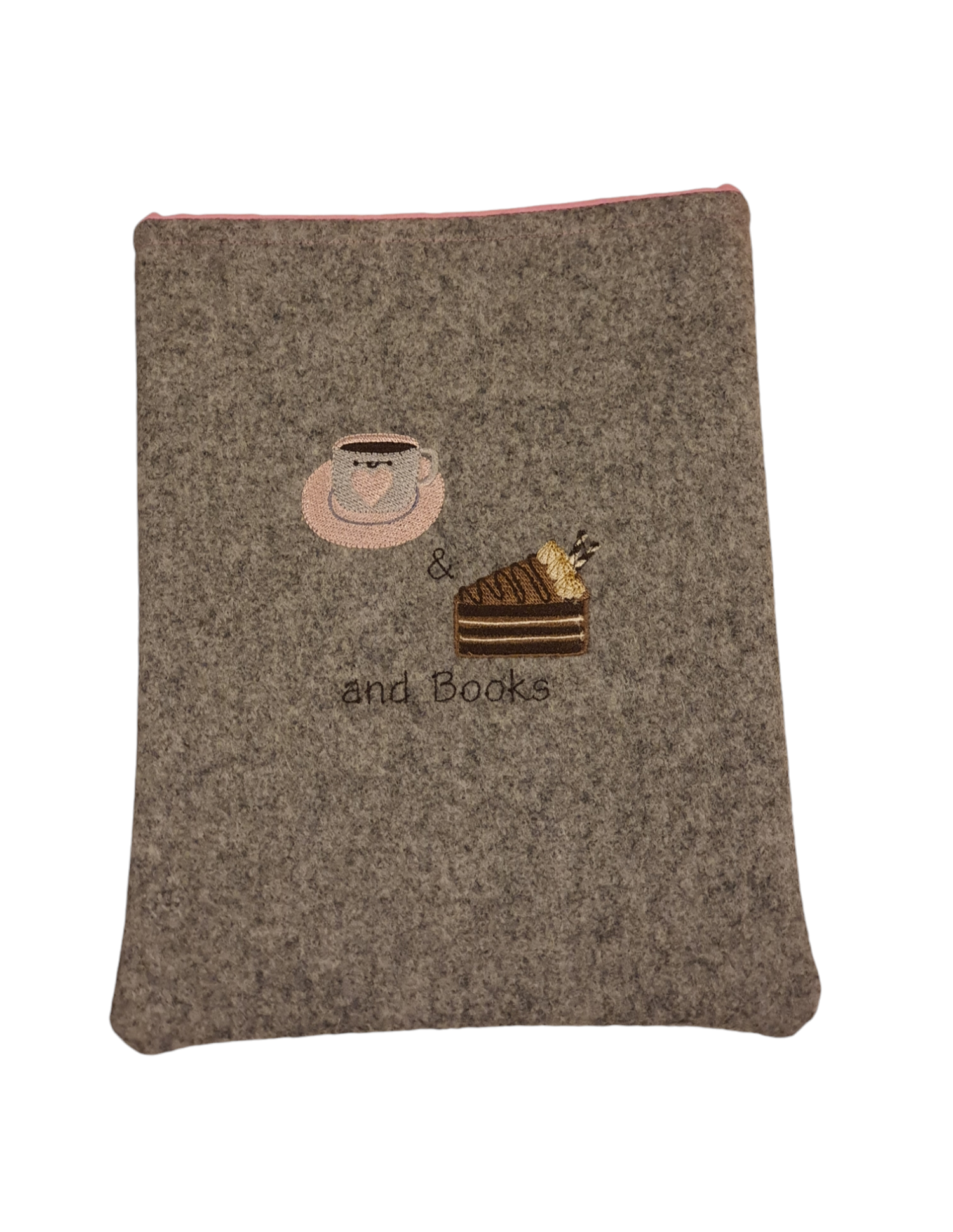 Handmade padded Embroidered Book Pouch with coffee and cakes pattern.  Would be an ideal Book Lovers Gift.