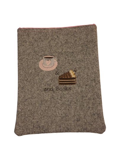 Handmade padded Embroidered Book Pouch with coffee and cakes pattern.  Would be an ideal Book Lovers Gift.
