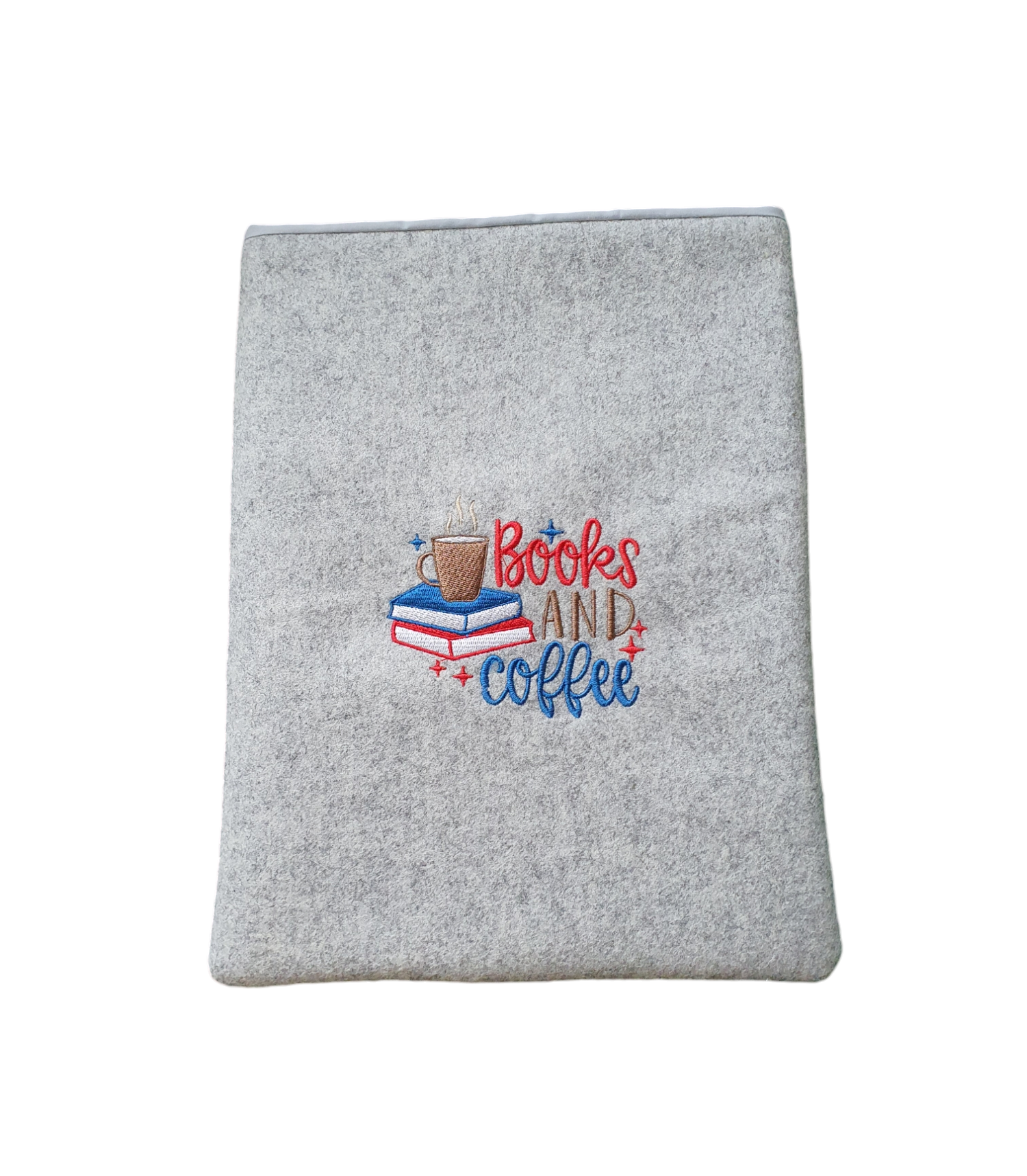 Handmade Embroidered Padded Book Pouch with the embroidered pattern of Books and Coffee on the front of the Book Cover, being an ideal Book Lovers Gift.