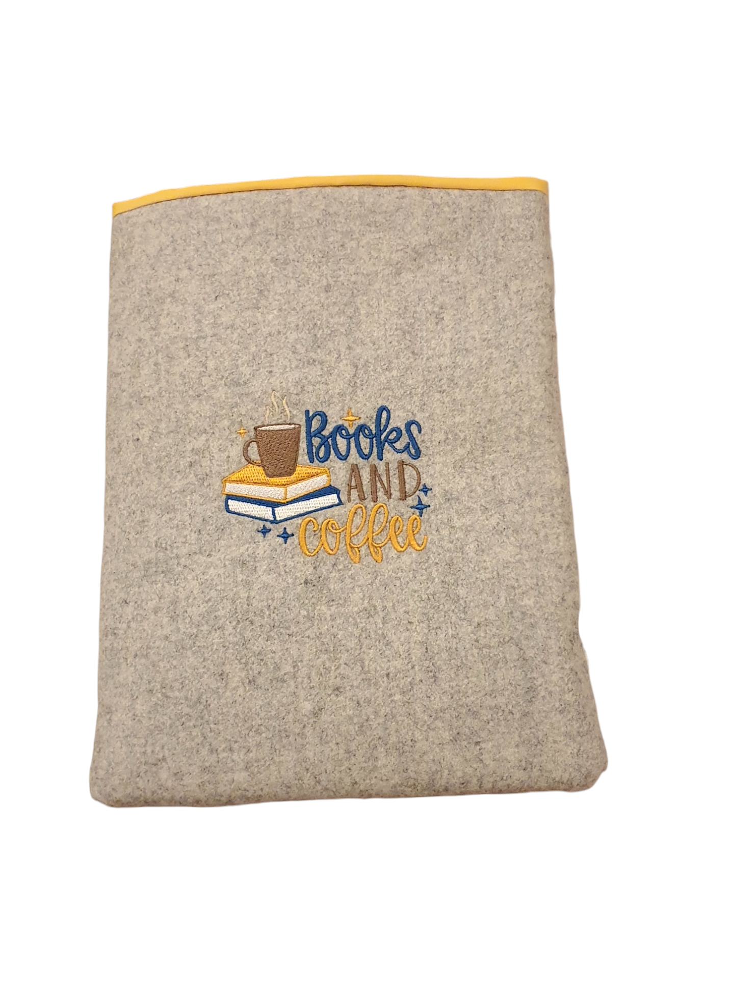 Handmade embroidered padded Book Pouch made using light grey boiled wool and the pattern of Books and Coffee.  It will protect your books, Kindle, Tablet or e-Reader and would be an ideal Book Lovers Gift.
