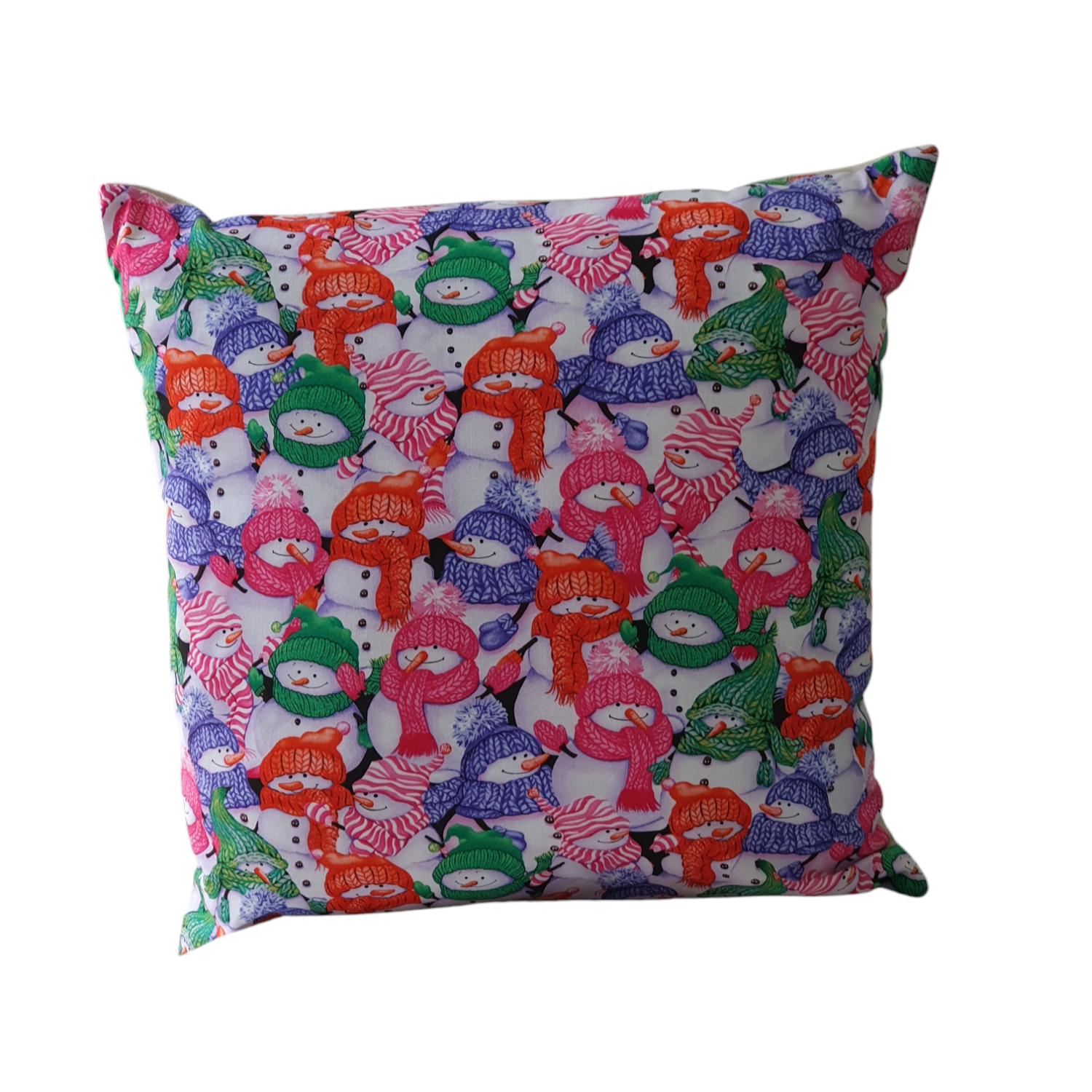 Handmade zipped cushion cover made with colourful Snowmen Friends fabric.