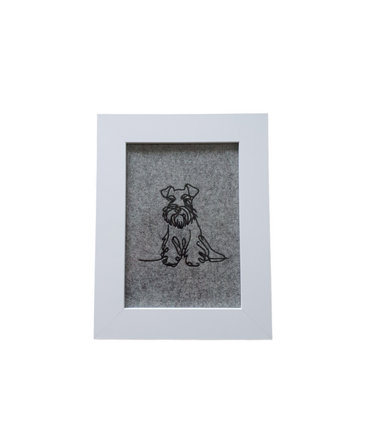 Miniature embroidered Schnauzer in black silhouette outline style and framed.  Would be a great idea for a Dog Lovers Gift.