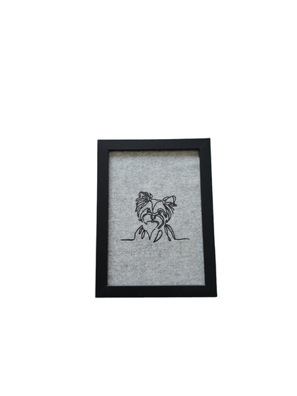 Framed Yorkshire Terrier Embroidered Sketch Style Black Silhouette Outline - Dog Lovers Gift
