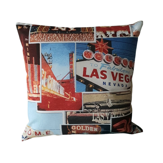 Las Vegas patterned fabric handmade zipped cushion cover.  A gift idea that is a little different for someone who loves Las Vegas.