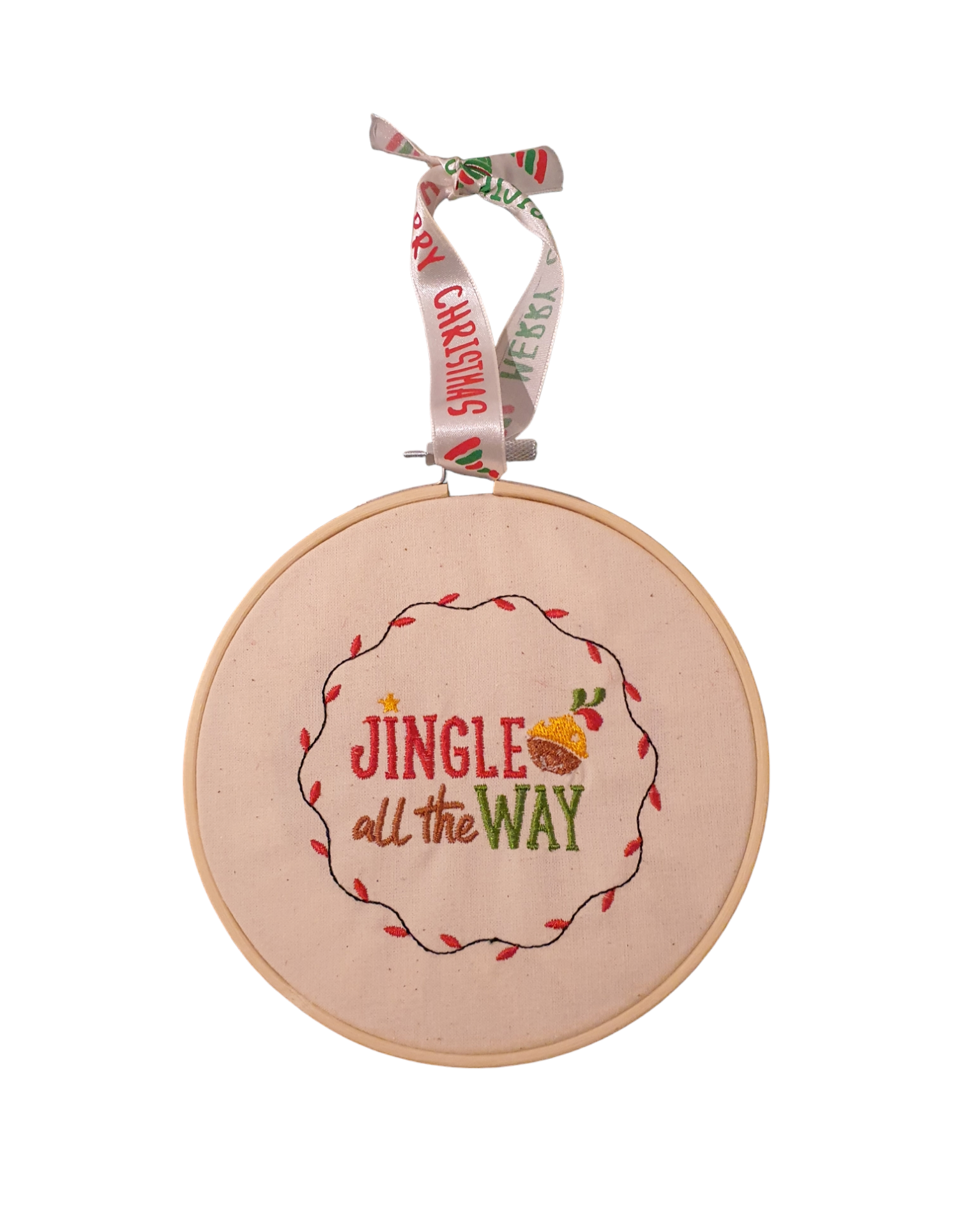 Embroidered Jingle All The Way pattern 6 inch hoop.  A lovely Christmas Hoop for door, wall or Christmas Tree hanging.