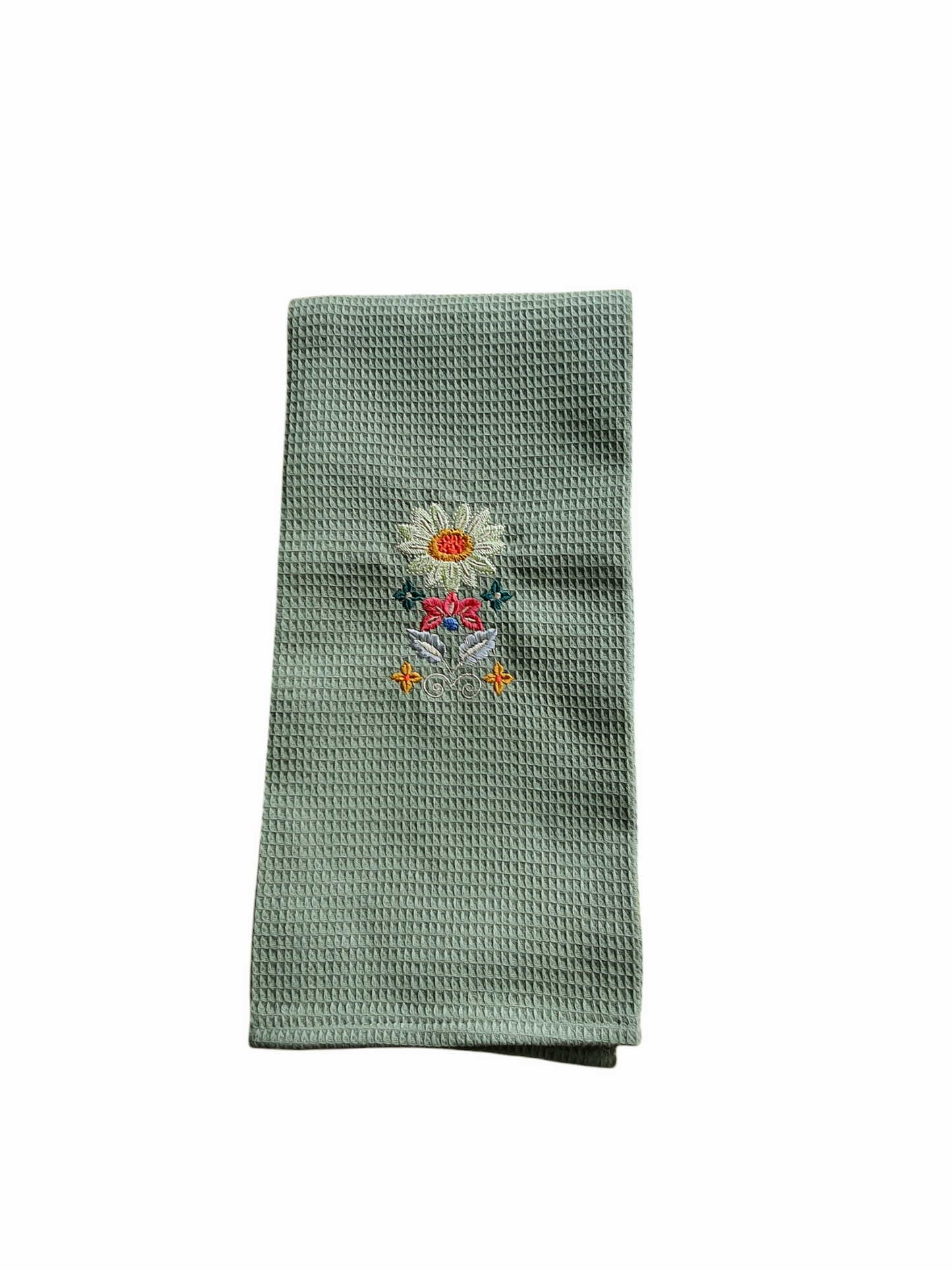 Floral Pattern Embroidered Tea Towel, Embroidered Kitchen Towel, Display Towel, Green Waffle Towel