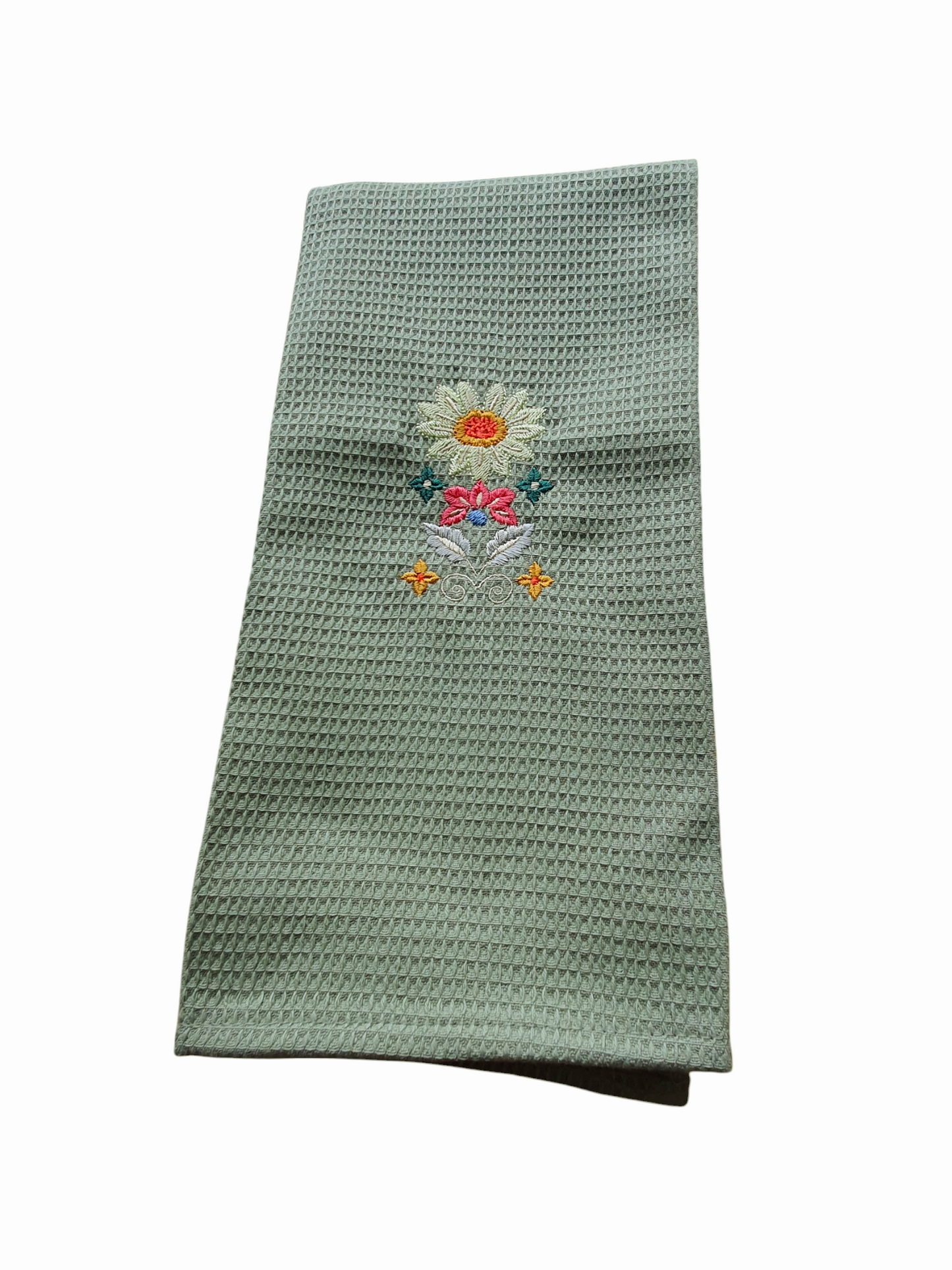 Floral Pattern Embroidered Tea Towel, Embroidered Kitchen Towel, Display Towel, Green Waffle Towel