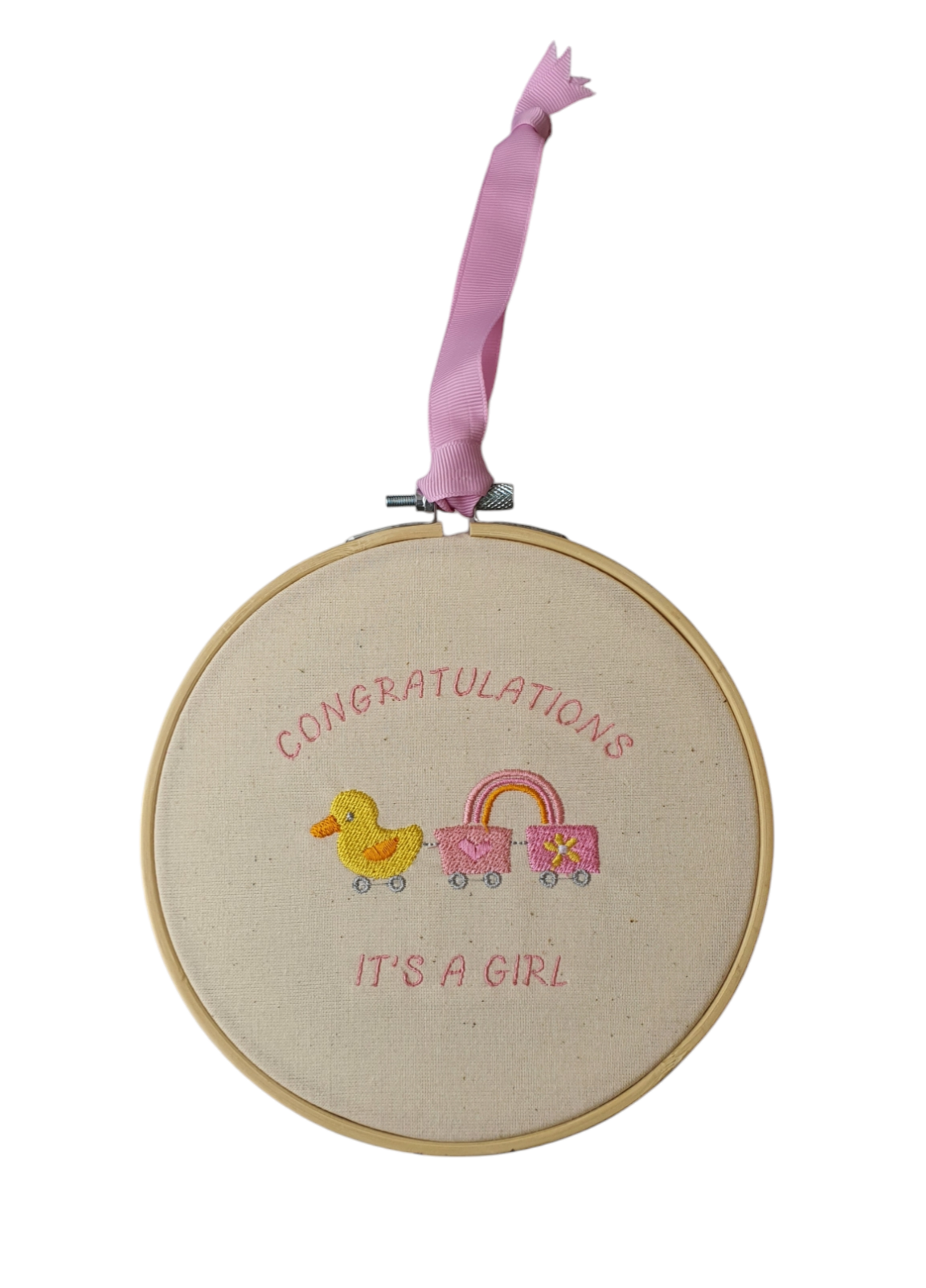 Machine Embroidered 6" (15cms) Bamboo Hoop, Baby Girl Wall Hanging, Congratulations It's a Girl, Baby Gift