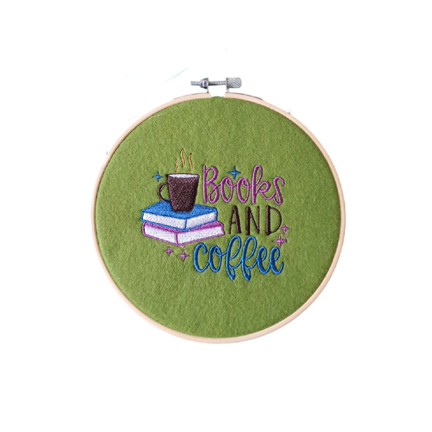 Machine embroidered Books and Coffee pattern on green felt and mounted in a 6 inch Bamboo Hoop.  This wall hanging hoop would  be a great idea as a Book Lovers Gift for their favourite place to read.