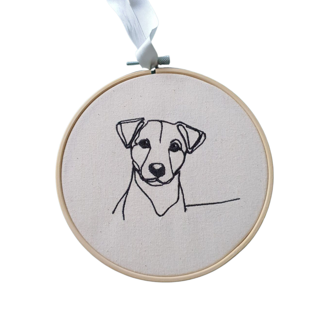 Machine embroidered sketch style Jack Russell mounted in a 6 inch bamboo hoop and would be a great idea for a Dog Lovers Gift.