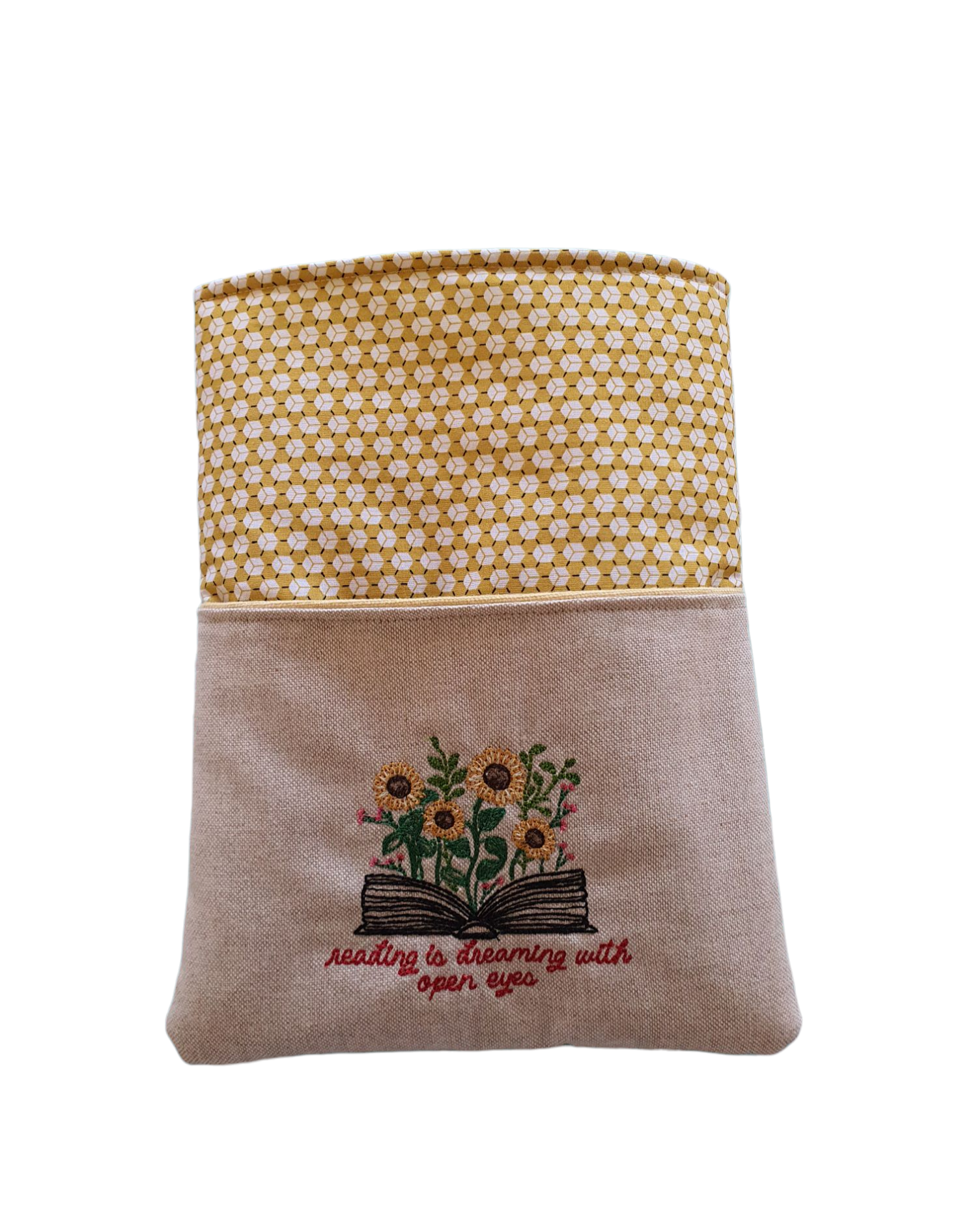 Padded Book Pouch made with geometric yellow patterned fabric with a front pocket which has been embroidered.  A perfect Book Lovers Gift.