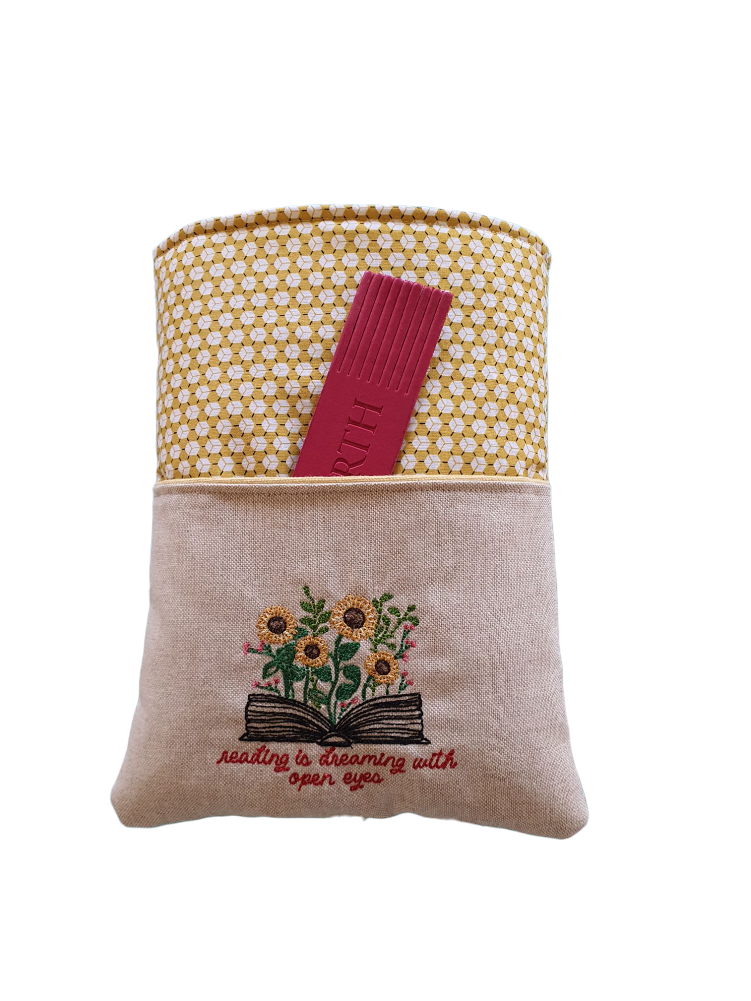 The front pocket of the handmade padded Book Pouch can be used for bookmarks and small notebooks.  This Book Cover would be an ideal Book Lovers Gift to protect books from wear and tear whilst being carried on the go.