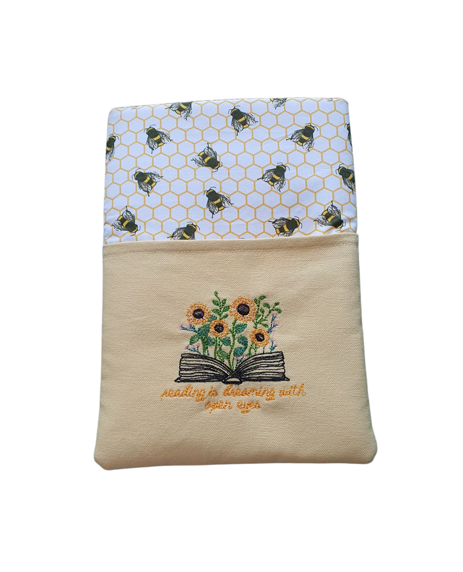 Handmade padded Book Pouch made with bee fabric and has an embroidered front pocket.  This would be a great book accessory as a Book Lovers Gift.