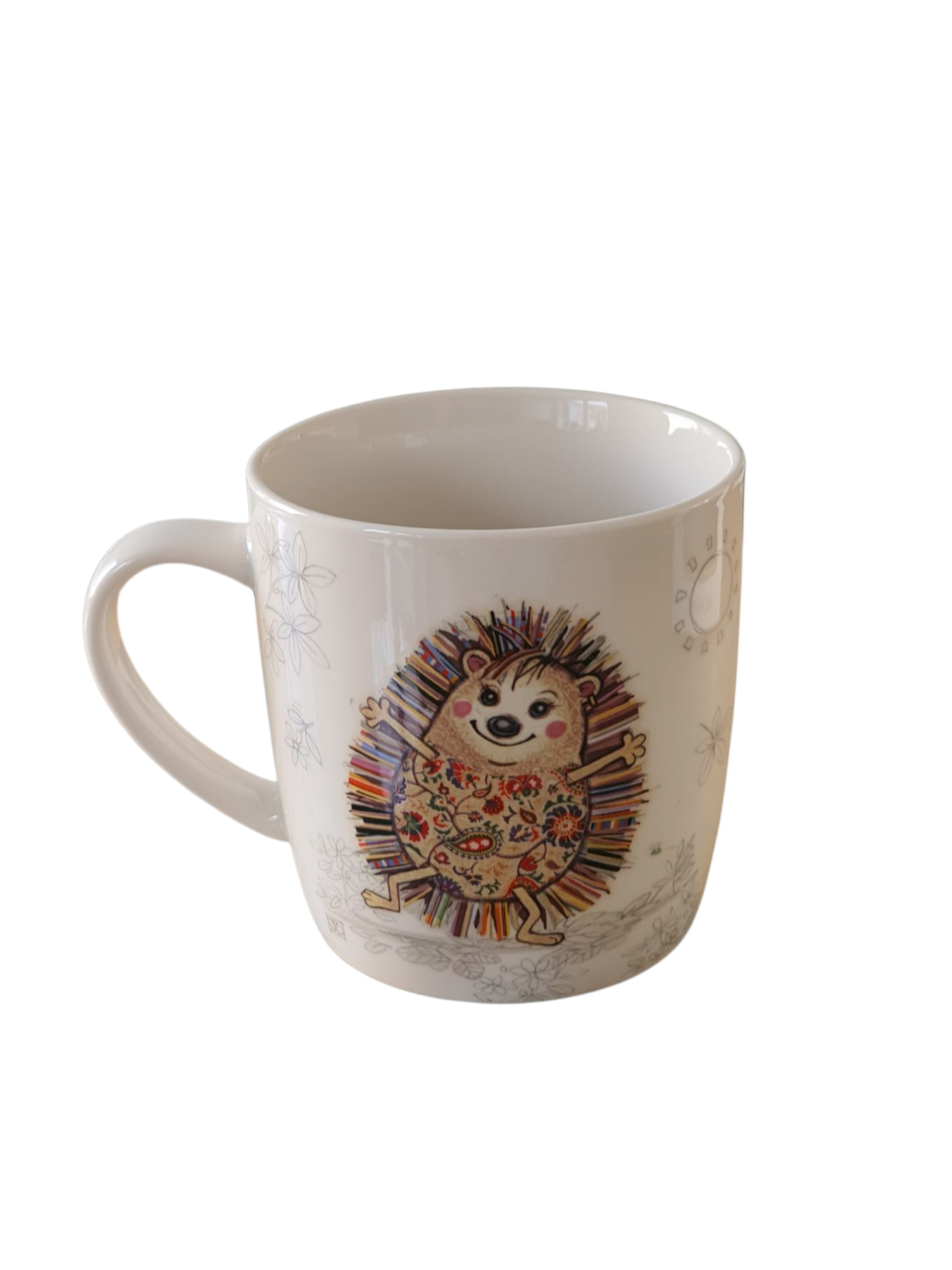 Bug Art Hattie Hedgehog ceramic mug in the usual patchwork quirky and whimsical design from Bug Art.