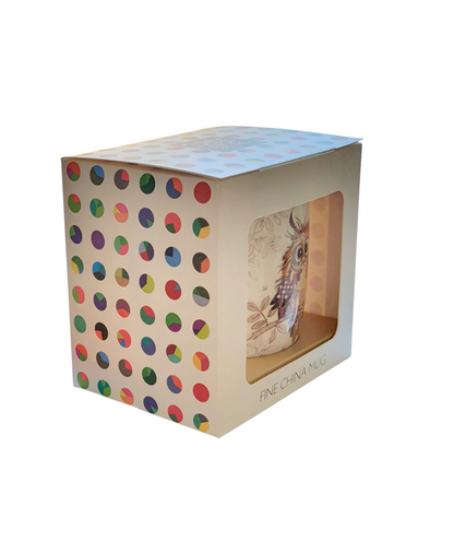 Bug Art Otto Owl ceramic glossy finished mug in its colourful packaging.