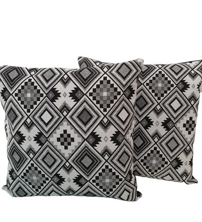 Monochrome Geometric Tapestry - Handmade Black & White Zipped Cushion Cover (18x18)