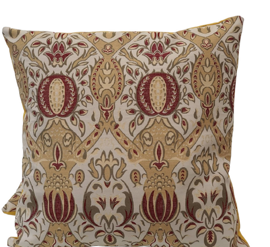 Handmade zipped cushion cover made with regency style patterned fabric and complemented with yellow fabric on the reverse.  The cushion cover fasten with an enclosed zip.  The cushion covers are approximately 44cms by 44cms and would suit an 18 inch insert for plumpness.