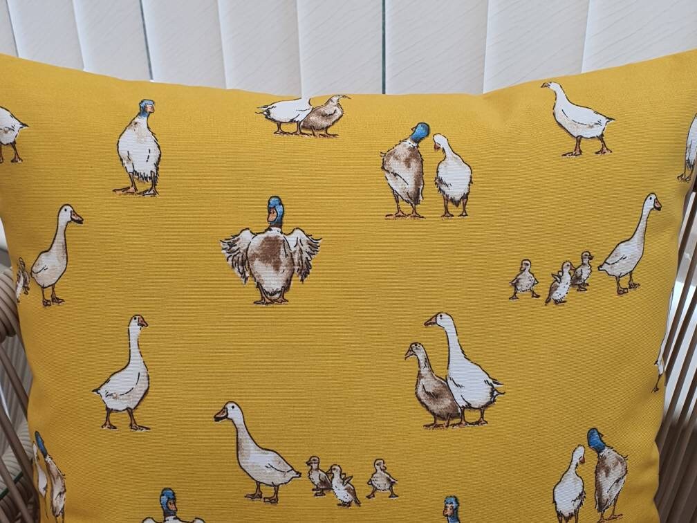 Duck Fabric, Quackers - Handmade Yellow Zipped Cushion Cover (17x17)